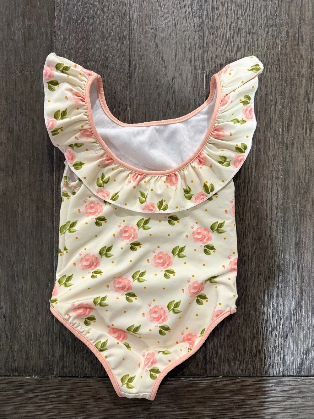 SweetHoney Cream Swim Suit with Pink Rose Ruffle Detail